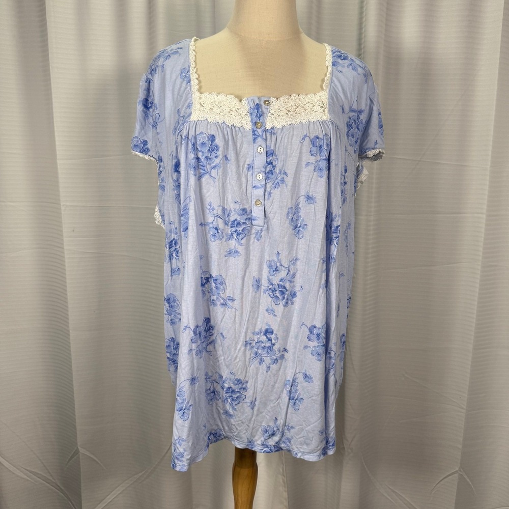 Eileen West Blue Floral Lace Trim Modal Night Sleep Dress Women's Size 2X